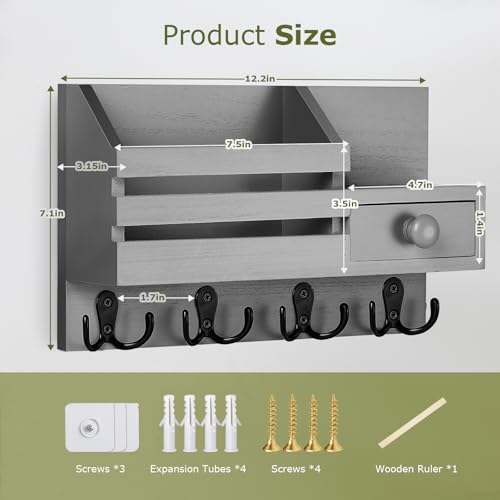 Key Holder Wall Mount, Wooden Key and Mail Organizer, Gray - color: Gray