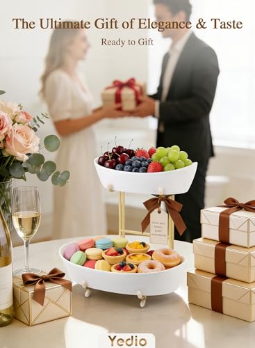 2 Tier Ceramic Fruit Bowl for Kitchen Counter with Gold Metal Stand - color: Gold, size: 2 Tier