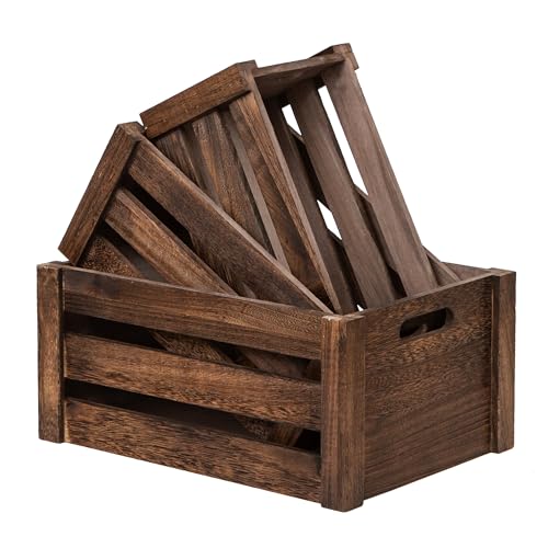 Set of 3 Nesting Wooden Crates, Small Rustic Farmhouse Wood Storage Boxes with Handles, Stackable Compact Organizer Bins for Kitchen Bathroom Bedroom Decor, 3 Sizes (Retro Brown)