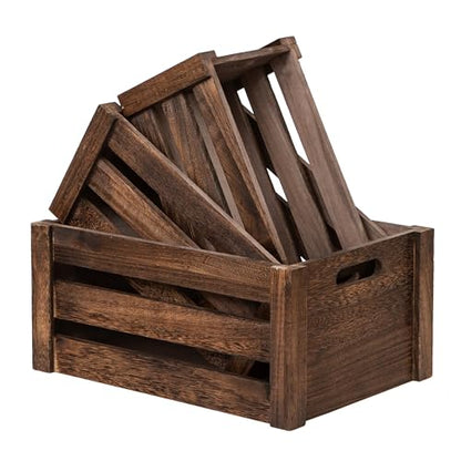 Set of 3 Nesting Wooden Crates, Small Rustic Farmhouse Wood Storage Boxes with Handles, Stackable Compact Organizer Bins for Kitchen Bathroom Bedroom Decor, 3 Sizes (Retro Brown)