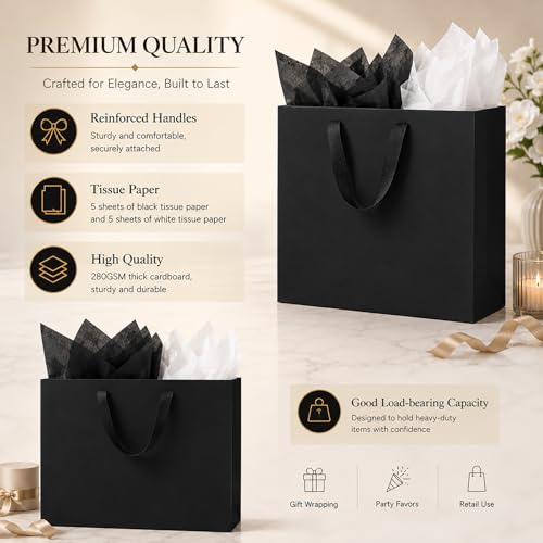 Offizon 12 PCS Black Gift Bags in 3 Sizes with Stripe Tissue - color: 3 Sizes-Black-12PCS
