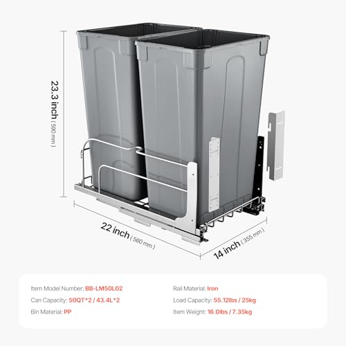 VEVOR Pull-Out Trash Can, 50 QT x2 Double Under Mount Kitchen Waste Container, Heavy Duty Garbage Recycling Bin with Door Kit and Soft Close Slide, for Kitchen Cabinet, Sink, Under Counter (Grey) - size: 100 QT (50 QT x 2), style: With Soft Close