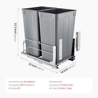 VEVOR Pull-Out Trash Can, 50 QT x2 Double Under Mount Kitchen Waste Container, Heavy Duty Garbage Recycling Bin with Door Kit and Soft Close Slide, for Kitchen Cabinet, Sink, Under Counter (Grey) - size: 100 QT (50 QT x 2), style: With Soft Close