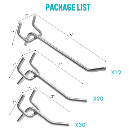 Pegboard Hooks Accessories 62pcs Metal Peg Board Tool Hangers (Silver) - color: Silver
