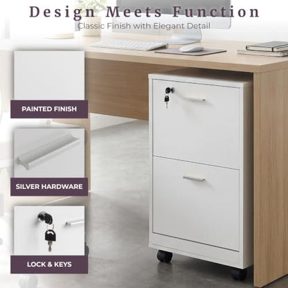 Lavish Home 2-Drawer Wooden File Cabinet with Lock, White, 16” x 27” - color: White, style: Silver Hardware