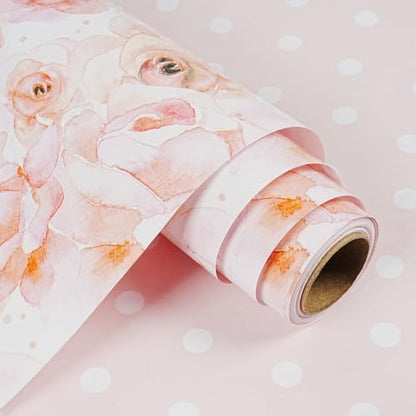 Floral Wrapping Paper Roll, Reversible Pink Wrapping Paper for Women Girls, Pink Rose White Polka Dot Design, Flower Gift Wrap Paper for Birthday Wedding Baby Shower Bridal Shower, 17Inch x 33Feet - color: Pink