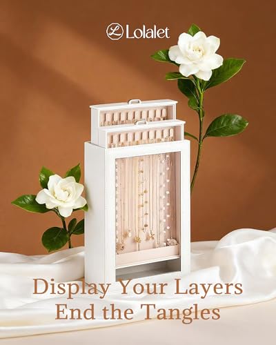 Lolalet Necklace Organizer Box, Jewelry Display Case, White, 2 Layers - color: White, size: 2 Layers, 20 Hooks