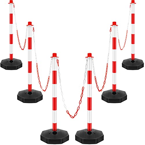 Konohan 6 Pack 34 Inch Parking Cone Delineators Post Traffic Cone Plastic Stanchion Set Stands Parking Barrier with Base 6.6 ft Chain S Hooks Reflective Collar (Red,White) - color: Red,White
