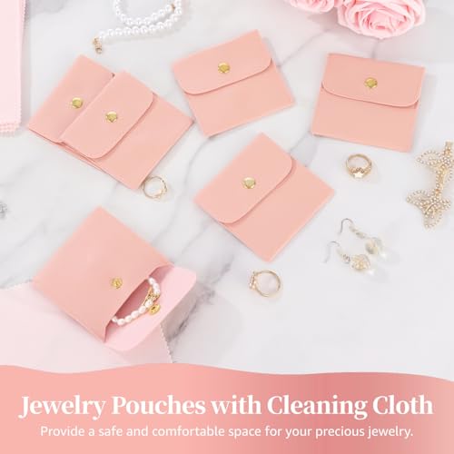 120 Pcs Jewelry Pouches Set, Includes 120 PU Leather Packaging Bags and 120 Cleaning Cloths, Jewelry Organizer Pouches with Snap Buttons, Present Bags for Earrings, Bracelets, Pink - color: pink,240PCS