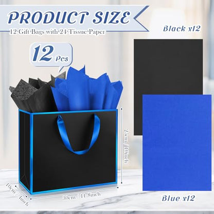 ReliThick 12 Pack Paper Gift Bag with Handles & Tissue, Black, Blue - color: Black, Blue