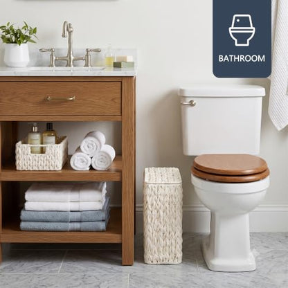 Wicker Trash Can with Lid & Liner, Small Bathroom Waste Basket, Beige - color: white