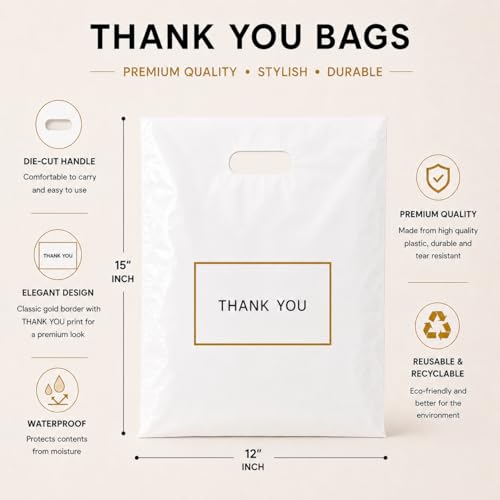 Purple Q Crafts 100 Pack Die Cut White Thank You Plastic Shopping Bags, 12" x 15" with Handles - color: White