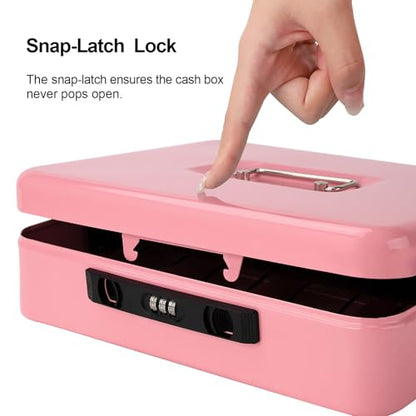 Jssmst Metal Cash Box with Money Tray and Lock, Portable Cash Drawer, 11.8" - color: Pink Code-B