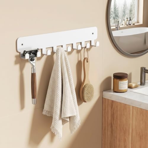 pickpiff Key Holder Wall Mount, Adhesive Key Rack with 8 Hooks Hanger for Car Key Ring, Metal Key Chain Organizer, White 1 Pack - color: White