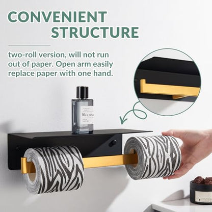 APLusee Double Toilet Paper Holder with Shelf, Black Gold, Wall Mounted - color: Black With Gold, size: Double Rod