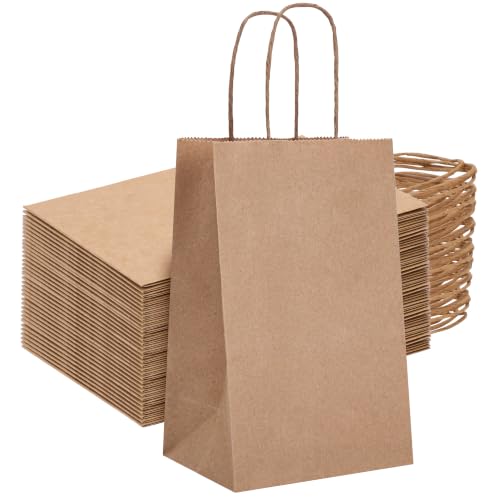 OUTUXED 100pcs Small Brown Paper Bags with Handles, Kraft Paper Gift Bags - color: Brown 5.25x3.2x8in, size: 1 Count (Pack of 100)