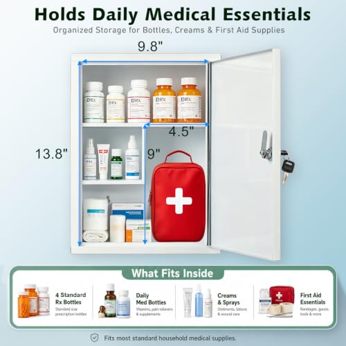 KYODOLED Locking Medicine Cabinet with Keys, Wall Mount, 15.75 Inch, White