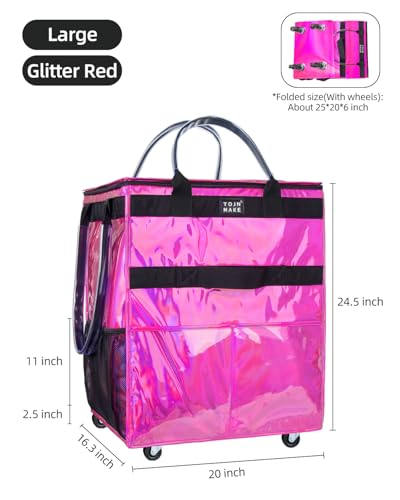Reusable Grocery Bag with Wheels, Large Glitter Pink Rolling Tote - color: Glitter Pink, size: Large