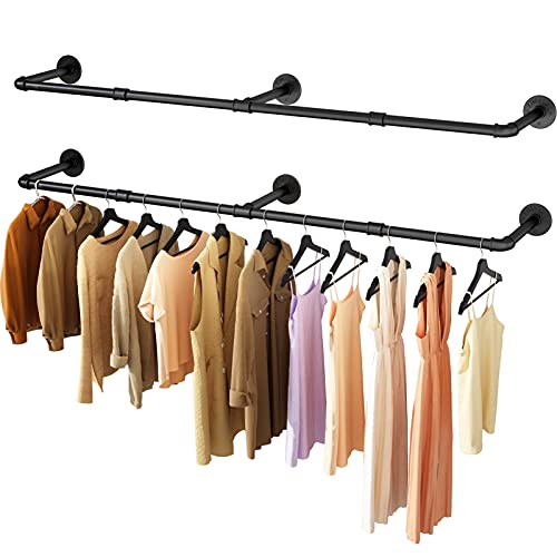 Wall Mounted Clothes Rack, 60in Industrial Pipe Clothing Rack for Hanging Clothes, Heavy Duty Garment Rack Wall, Space-Saving Bar, Multi-Purpose Hanging Rod for Laundry Room, Bedroom, 2 Packs - size: 60.0Inches