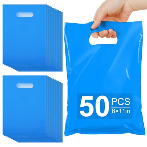 VieFantaisie 50 PCS Blue Party Favor Bags, 8" x 11" Goodie Bags for Candy Treat Craft Easter Egg, Plastic Gift Bag with Die Cut Handles for Birthday Party, School Events & Small Business, Wedding - color: Blue-50PCS-8x11Inch
