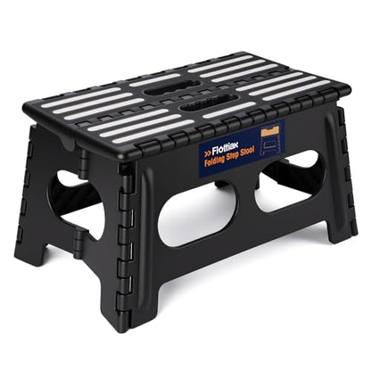 Flottian 9" Folding Step Stool for Adults and Kids 15-Inch Extra Wide Stool Holds Up to 300 lbs,Non-Slip Folding Stools with Handle,Compact Plastic Foldable Step Stool for Bathroom,Kitchen,ect,Black - size: 9 Inch