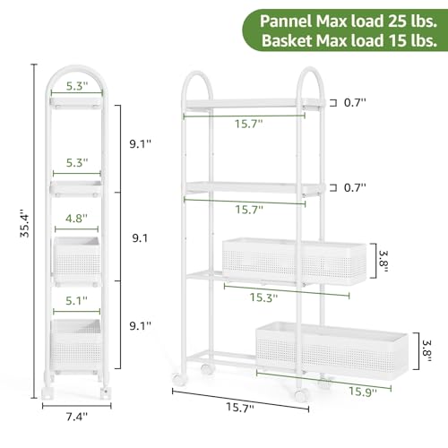 KINGRACK 4 Tier Slim Rolling Cart with Drawer, Metal Utility Storage Cart - color: White, size: 4 Tier-2BKT