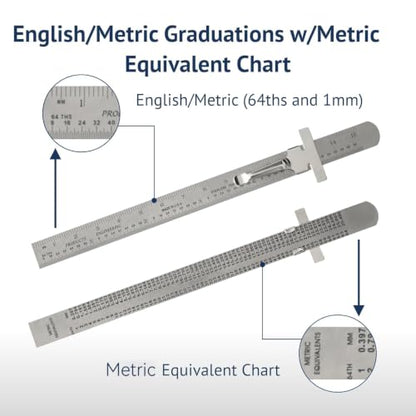 PEC Tools 6" Metal Pocket Rule, Inch & mm, Metric Equivalent Chart on Back - color: Metric Equivalent Chart, size: 1