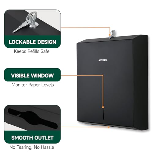 anydry Commercial Paper Towel Dispenser Wall Mount 400-Sheet Capacity Matte Black Stainless Steel Lockable Fits Multifold/Z-Fold Towels (Folded Size ≤ 10.6" x 3.9") - color: Fingerprint-resistant Matte Black