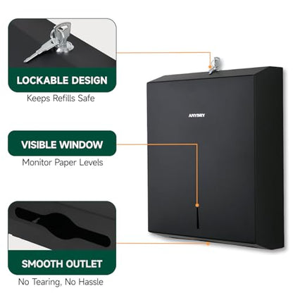 anydry Commercial Paper Towel Dispenser Wall Mount 400-Sheet Capacity Matte Black Stainless Steel Lockable Fits Multifold/Z-Fold Towels (Folded Size ≤ 10.6" x 3.9") - color: Fingerprint-resistant Matte Black