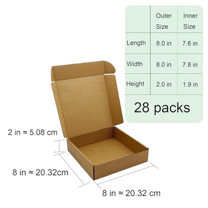 8x8x2 inch Shipping Boxes, Bulk 28 Pack, Brown Corrugated Cardboard Mailers - size: 8" x 8" x 2"