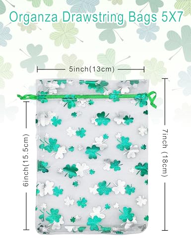 Jexila 50PCS St.Patrick's Day Organza Gift Bags Shamrock Clover Drawstring Goodie Treat Bag St.Patrick's Party Favors for Kids Classroom - color: Green