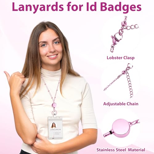 Pink Stainless Steel Badge Lanyard with 2 Waterproof Id Holders - color: Pink