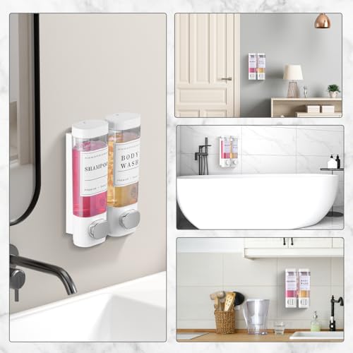 Shampoo and Conditioner Dispenser Bathroom Shower Soap Dispenser Wall Mounted Shampoo Dispenser for Shower Wall No Drill 2 * 350ml White 2 Chamber with Waterproof Labels Self - color: White 2