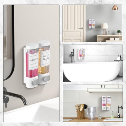 Shampoo and Conditioner Dispenser Bathroom Shower Soap Dispenser Wall Mounted Shampoo Dispenser for Shower Wall No Drill 2 * 350ml White 2 Chamber with Waterproof Labels Self - color: White 2