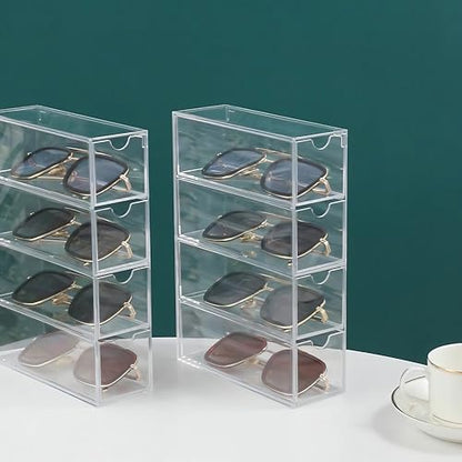 Acrylic Sunglasses Organizer with 4 Drawers - Clear Eyeglass Holder & Storage Case for Multiple Pairs, Jewelry, Makeup,Stackable Display Stand for Home, Office, Travel