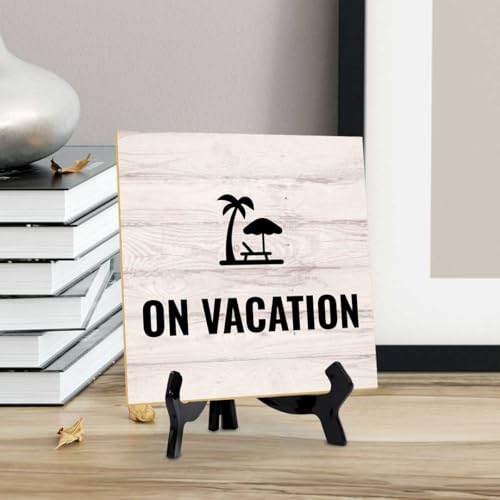 On Vacation 5"x 5" Square Table Sign With Acrylic Easel | General Office Notices & Business Table Signs - color: On Vacation
