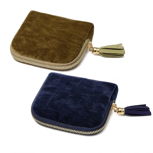2-Pack Velvet Jewelry Organizer Case - Travel Zipper Pouch with Tassel, 6-Layer Storage for Bracelets, Bangles & Accessories (Matcha Green and Dark Blue) - color: Matcha Green and Dark Blue