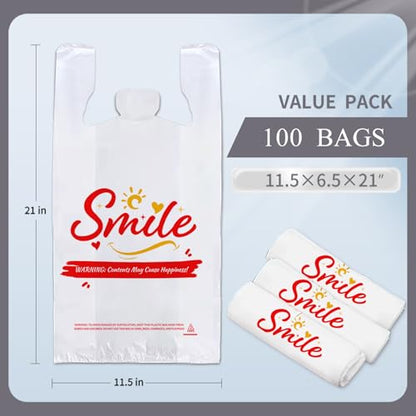 100 Pack White Smile Plastic Bag - 11.5"x6.5"x21" T-Shirt Grocery Bags with Handles, Cheerful Alternative to Thank You Bags, Bulk for Retail, Supermarkets & Small Business