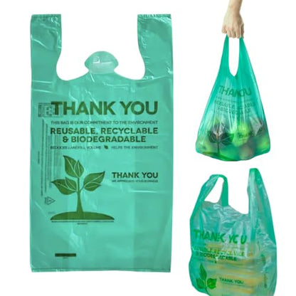100 pcs Green T-Shirt Plastic Bags 22" x 12" Biodegradable To-Go Bags with Handles Thank You Shopping Bags Bulk for Small Business Restaurant Groceries Supermarket and Retail Use - style: 100 pcs
