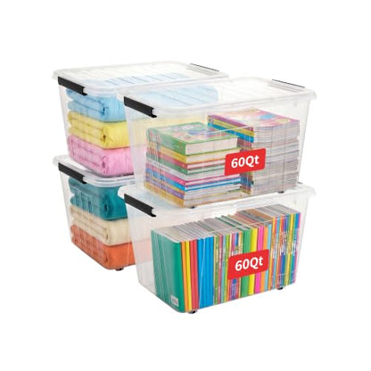 Cetomo 60Qt Plastic Storage Bin with Wheels, Stackable Storage Box with Lid, Organizer, Container for Home, Office, Drom, PP, BPA-Free, Nestable, Clear, 60Quart-4 Pack - size: 60Qt*4