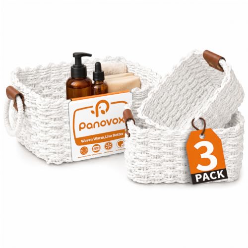 Small Wicker Baskets, 3 PCS Paper Rope Baskets for Shelves, White - color: White