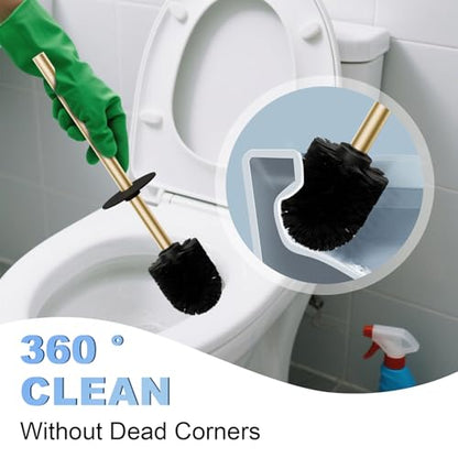 Toilet Brush and Holder Set, NEWRAIN 304 Stainless Steel Toilet Brush with Long Brush Handle, Brushed Gold Toilet Scrubber and Covered Holder, Round Design Sturdy and Space Saving, Covered Brush - color: Brushed Gold
