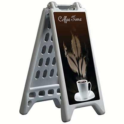 M&T Displays Floor Standing A-Frame Plastic Sign Holder Double Sided Street Sidewalk Sandwich Board Waterbase Advertising Poster Stand Outdoor Gray 12.80x22.44" for Pavement Store Retail Real Estate