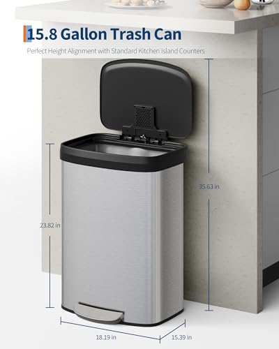 Garvee 16 gal / 60 L Stainless Steel Trash Can with Lid, Large Garbage Can for Kitchen, Rustproof Step-on Kitchen Metal Trash Bin with Liner Rim, Rear Handle, Soft Close Plastic Lid, Silver - color: Silver, size: 15.8 Gallons