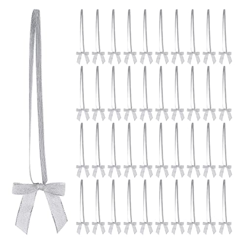 Meseey 50pcs 8 Inch Stretch Elastic Loops with Pre-Tied Silver Ribbon Bows for Gift Wrapping,Baby Showers, Weddings, Christmas Boxes (8", Silver) - color: Metallic Silver, size: 8"
