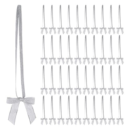 Meseey 50pcs 8 Inch Stretch Elastic Loops with Pre-Tied Silver Ribbon Bows for Gift Wrapping,Baby Showers, Weddings, Christmas Boxes (8", Silver) - color: Metallic Silver, size: 8"