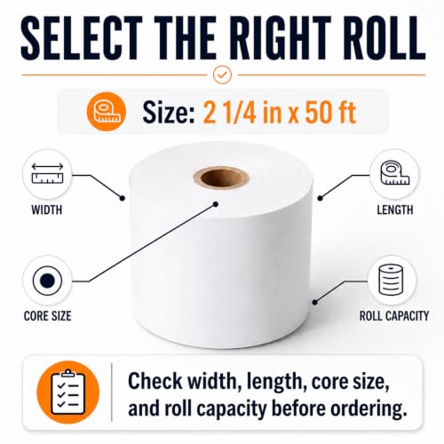 Thermal Paper Rolls, 2 1/4" x 50', 50 Rolls/Case, White Receipt Paper for POS & Credit Card Terminals - size: 2 1/4" x 50'