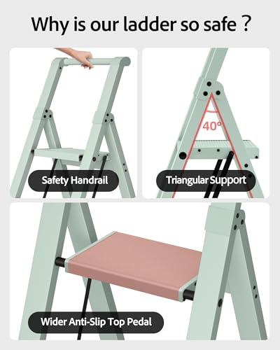Taranta 3 Step Ladder,Aluminum Step Stool Foldable-Fairyland Green - color: Fairyland Green, size: 3 Step