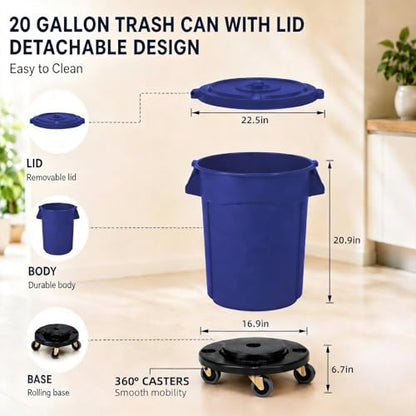 20 Gallon Outdoor Trash Can with Lid and Wheels, Blue - color: BLUE