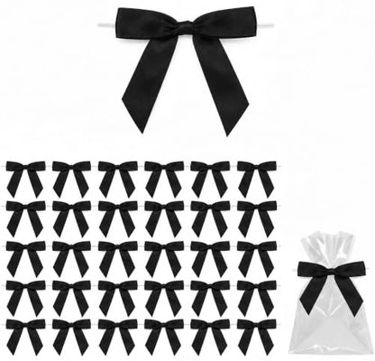 50 Pcs Black Satin Ribbon Twist Tie Bows, 2.75 Inch Pre-Tied Mini Bows with Wire for Gift Wrapping, Gift Bags & DIY Crafts - color: Black